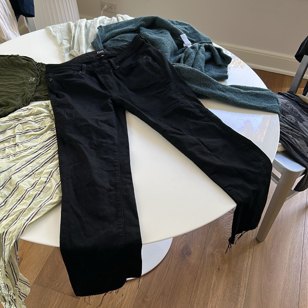 PAIGE Skyline Straight Black Jeans Fray Hem
